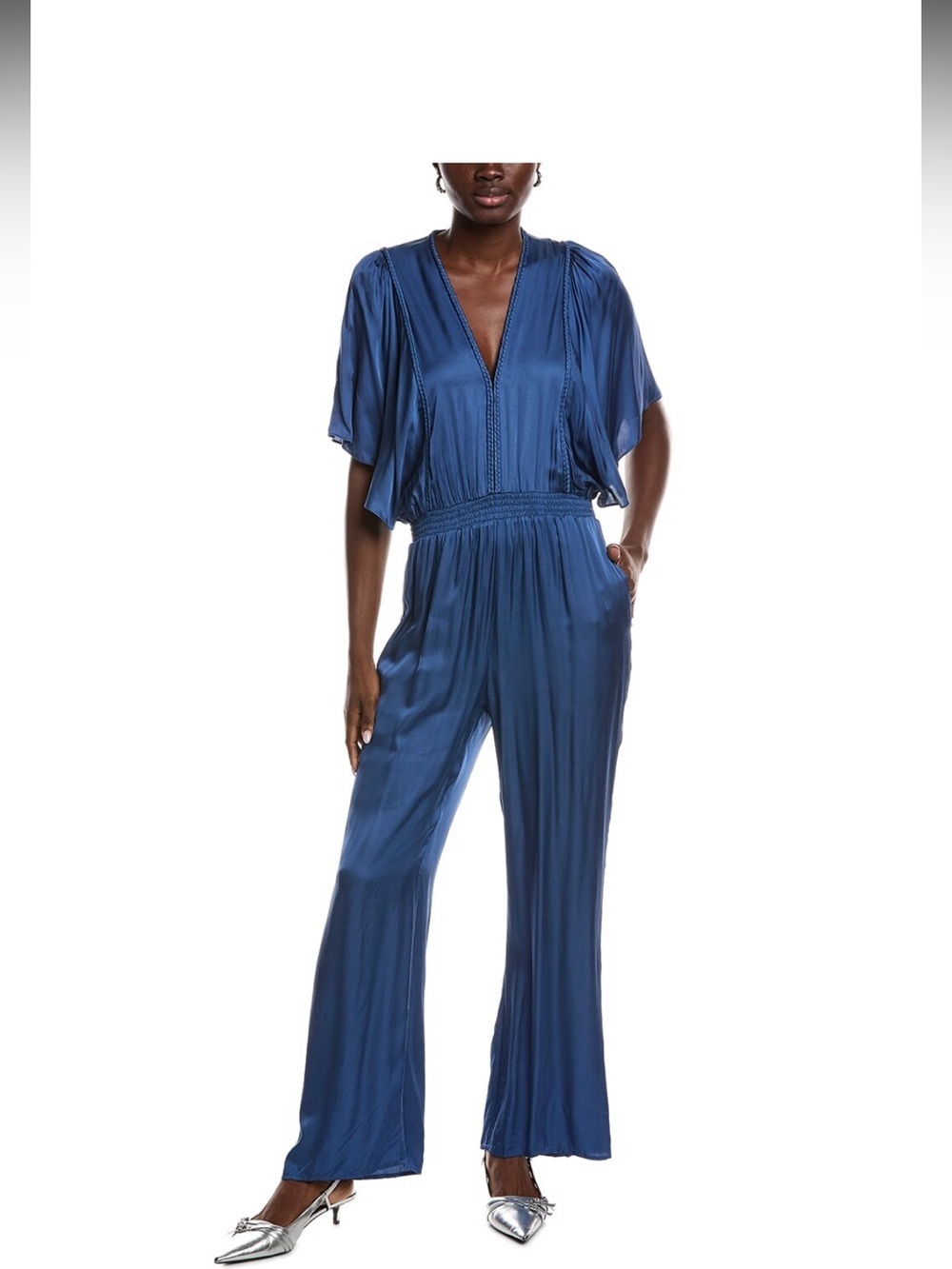 Maje Elegant Blue Jumpsuit with Draped Sleeves